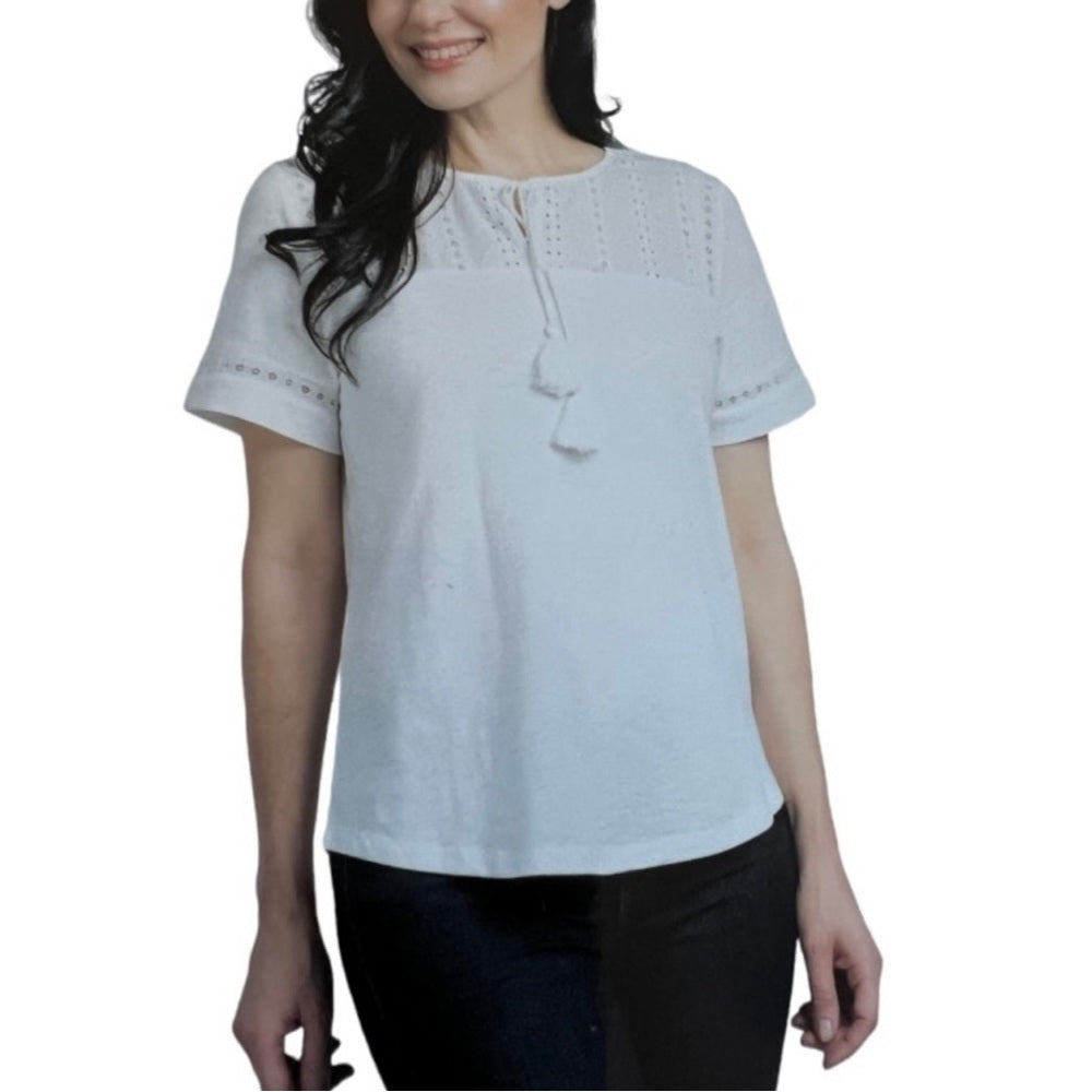 Hilary Radley Women's Eyelet Slub T-Shirt | White Boho Tie Neck Top, Blouse