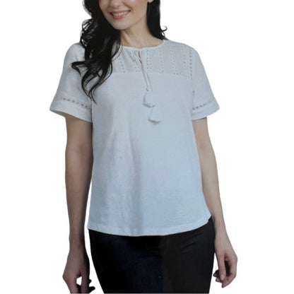 Hilary Radley Women's Eyelet Slub T-Shirt | White Boho Tie Neck Top, Blouse