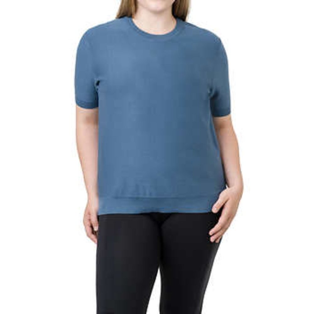 Kersh Women's Ottoman Short Sleeve Silk and Cotton Sweater, Knit Top blue