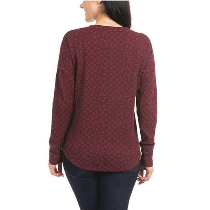 Dalia Women's Waffle Henley Long Sleeve Top | Burgundy, Reg, Pink, Geometric