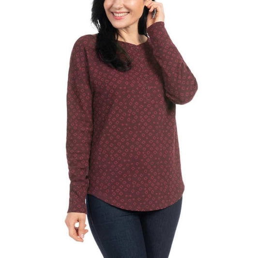 Dalia Women's Waffle Henley Long Sleeve Top | Burgundy, Reg, Pink, Geometric