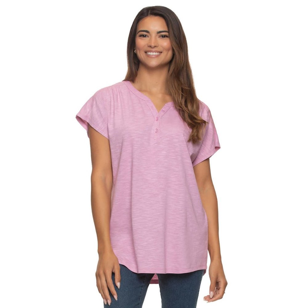 BlackBow Women’s Slub Knit Jersey Henley Neck T-shirt, | Pink