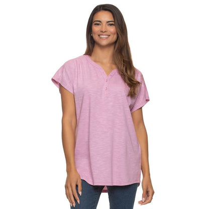 BlackBow Women’s Slub Knit Jersey Henley Neck T-shirt, | Pink