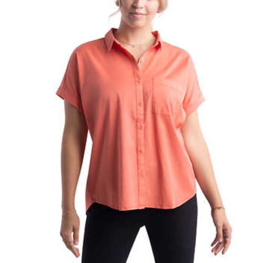 Como Vintage Cap Roll Sleeve Blouse Shirt | Coral Button up Top