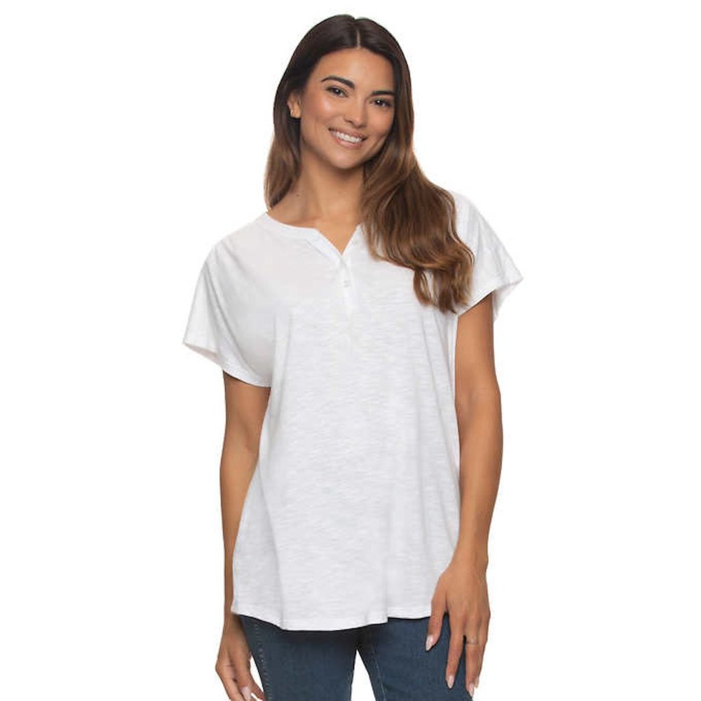 BlackBow Women’s Slub Knit Jersey Henley Neck T-shirt, | White Top