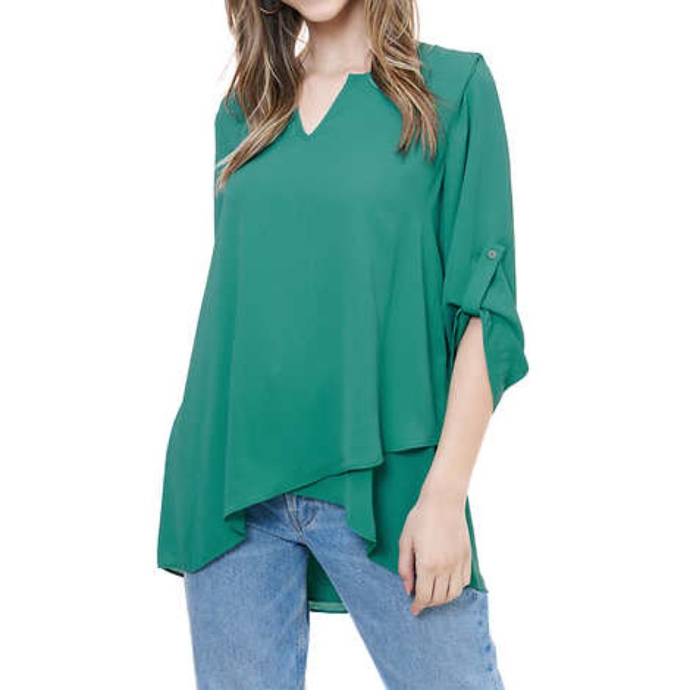 Cristina B Roll up Sleeve V Neck  Faux Wrap Tunic | Green Teal