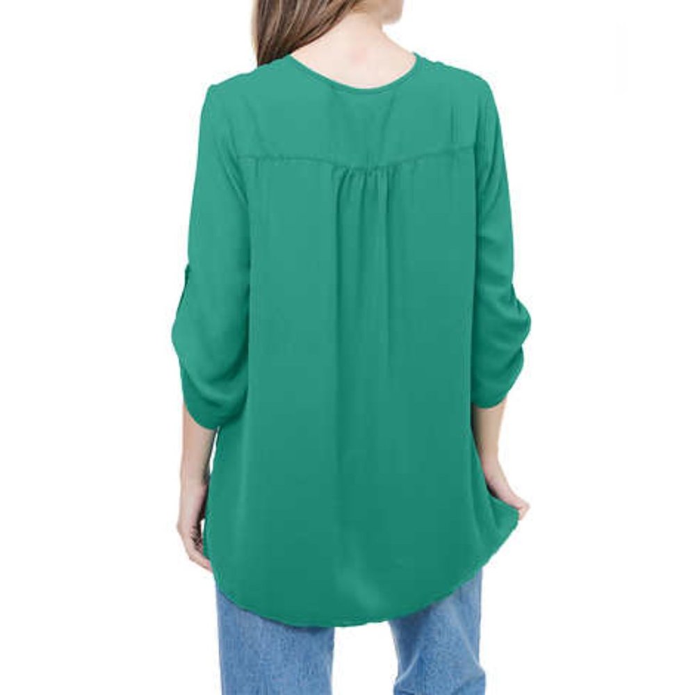 Cristina B Roll up Sleeve V Neck  Faux Wrap Tunic | Green Teal