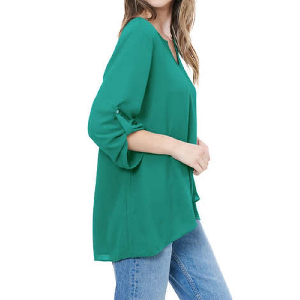 Cristina B Roll up Sleeve V Neck  Faux Wrap Tunic | Green Teal