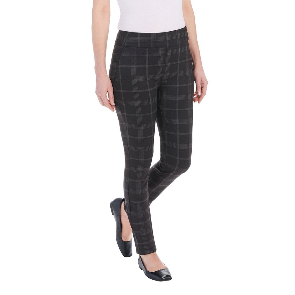 Dalia Pull on Tummy Control Stretch Ponte Pants, Black Plaid Trouser Medium