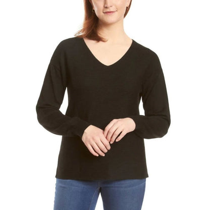 Ella Moss Women’s V-neck Ribbed Sweater | Black Knit Sweater Long Sleeves