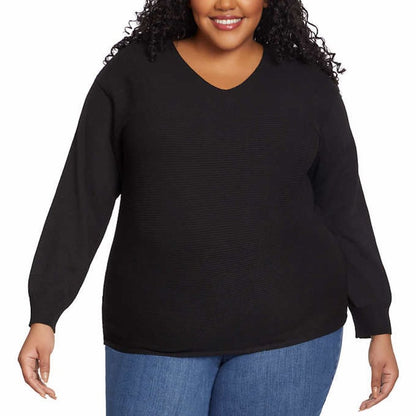 Ella Moss Women’s V-neck Ribbed Sweater | Black Knit Sweater Long Sleeves