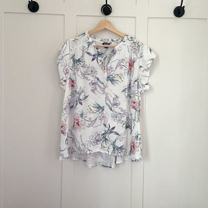 Buffalo Women's Short Sleeve Top | White Floral Boho Tie Neck Top, Size L