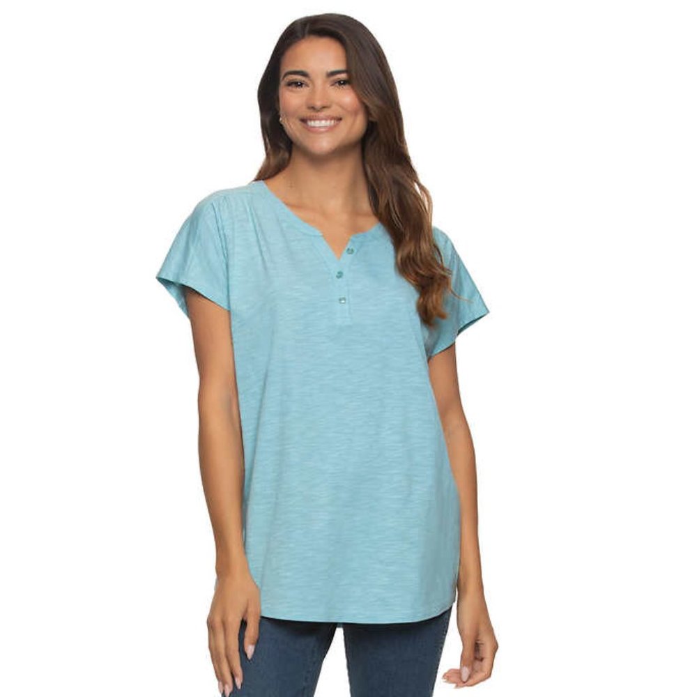 BlackBow Women’s Slub Knit Jersey Henley Neck T-shirt, | Blue Top, Shirt