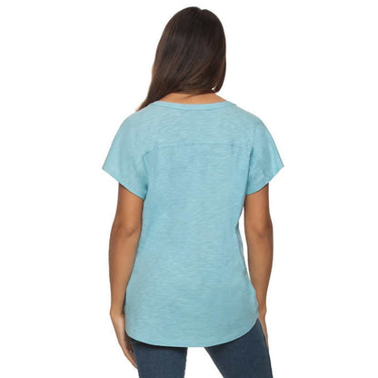 BlackBow Women’s Slub Knit Jersey Henley Neck T-shirt, | Blue Top, Shirt