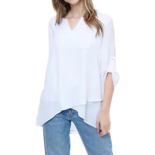 Cristina B Roll up Sleeve V Neck  Faux Wrap Tunic | White