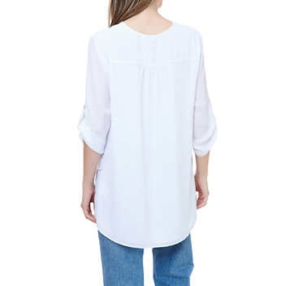 Cristina B Roll up Sleeve V Neck  Faux Wrap Tunic | White