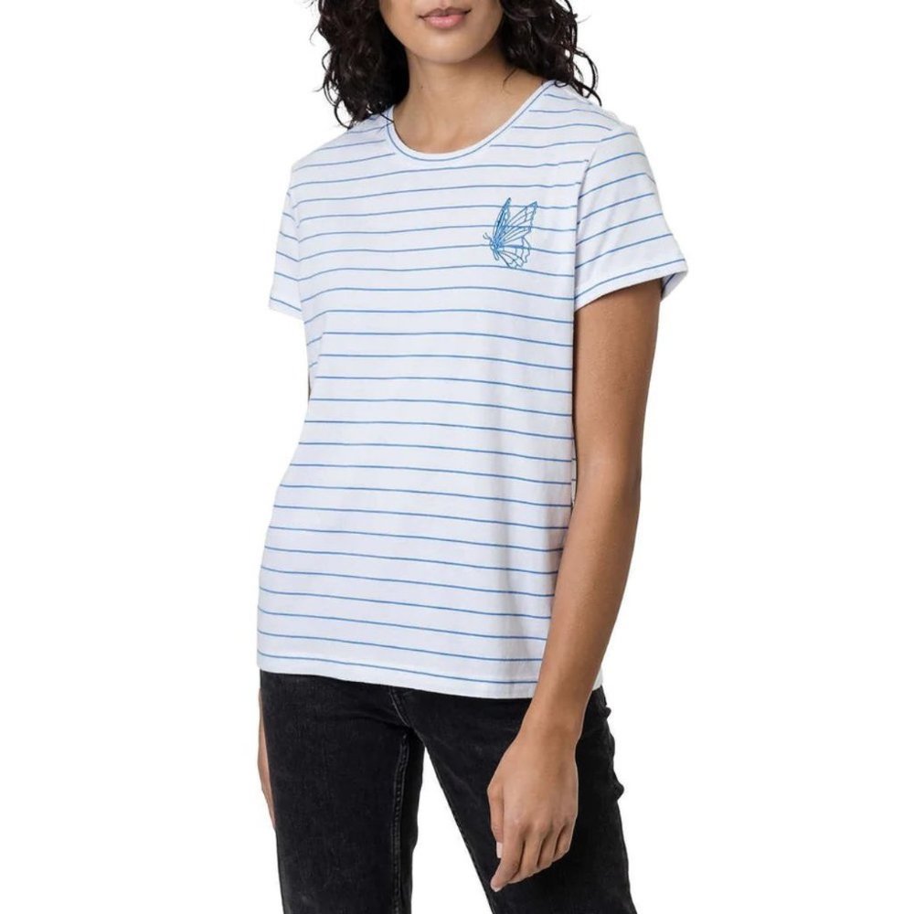 Elle Cotton Embroidered T-shirt, Casual Top, Shirt | Blue and White Stripe