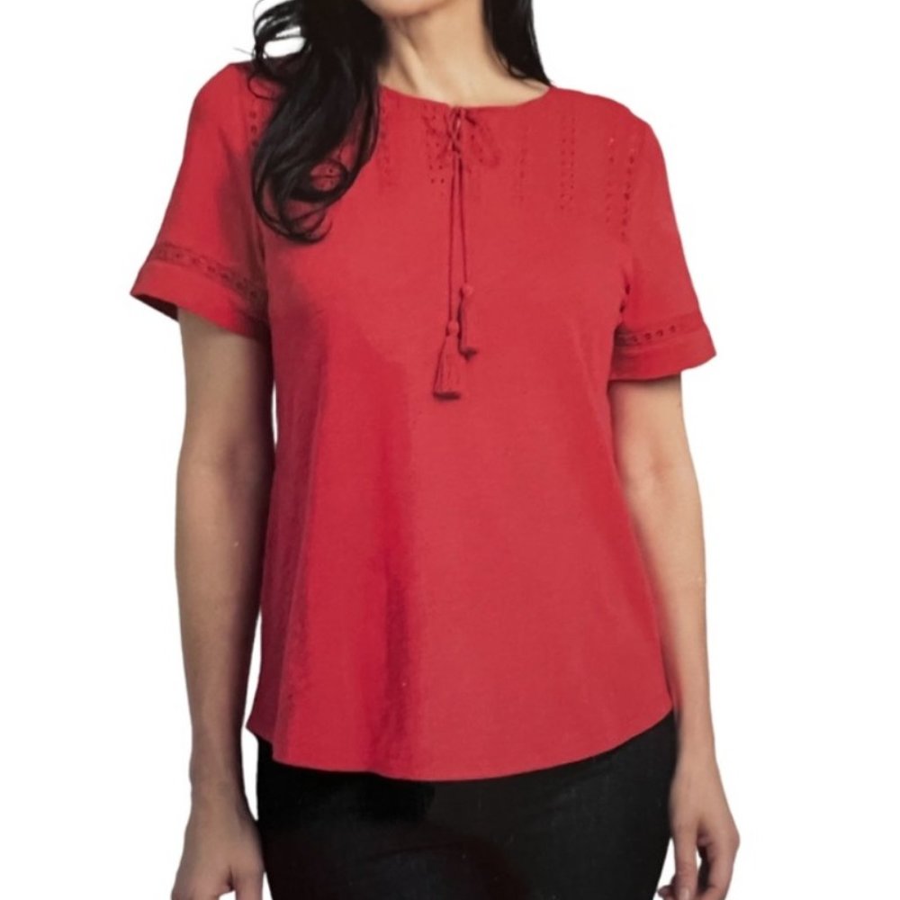 Hilary Radley Women's Eyelet Slub T-Shirt | Red Boho Tie Neck Top, Blouse