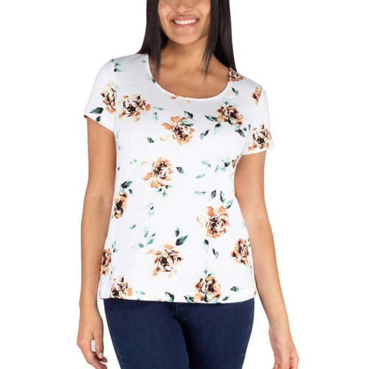 Nicole Miller Printed Slub T-shirt, Casual Top, Shirt | White Floral