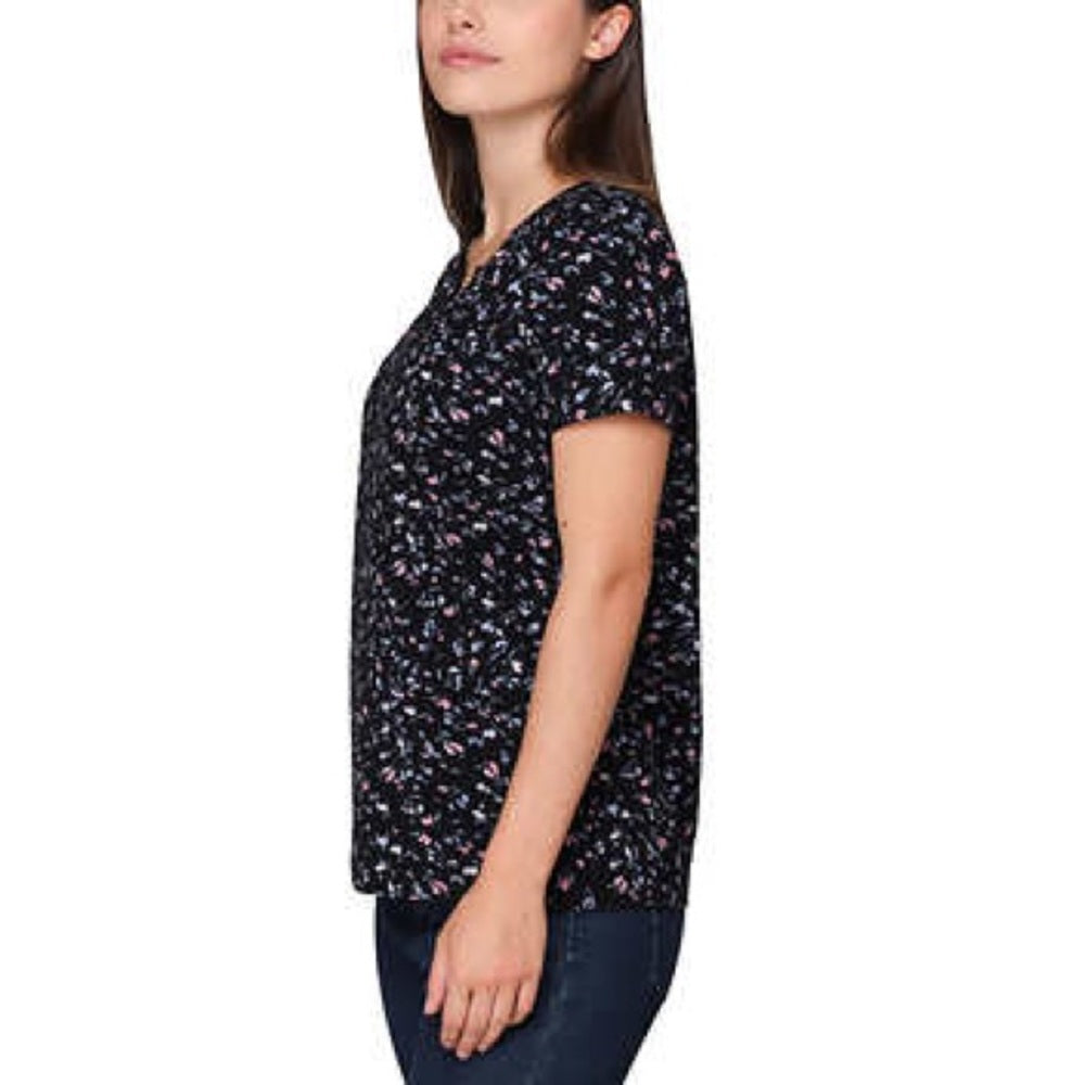 Nicole Miller Women's Printed Rucshed Top, Casual Top, Shirt | Black Floral