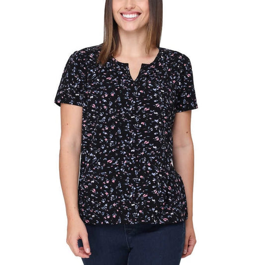 Nicole Miller Women's Printed Rucshed Top, Casual Top, Shirt | Black Floral