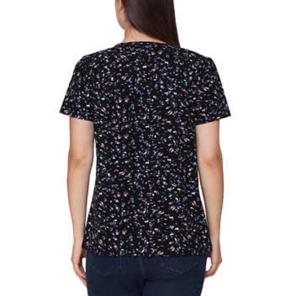 Nicole Miller Women's Printed Rucshed Top, Casual Top, Shirt | Black Floral