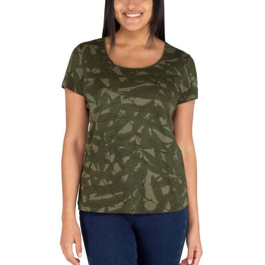 Nicole Miller Printed Slub T-shirt, Casual Top, Shirt | Green Floral