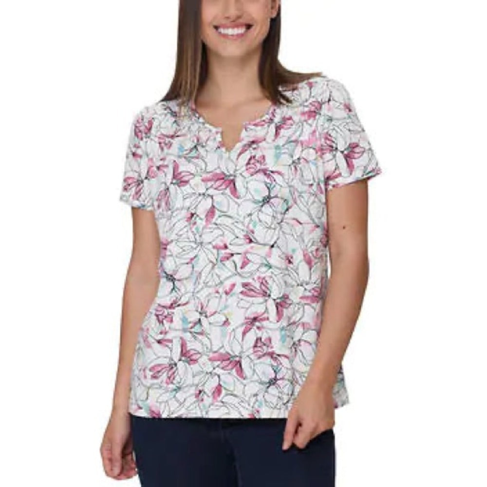 Nicole Miller Women's Printed Rucshed Top, Casual Top, Shirt | White Floral