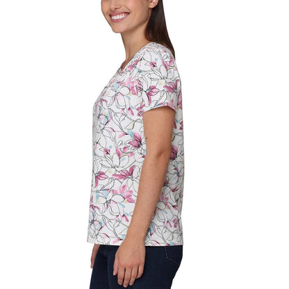 Nicole Miller Women's Printed Rucshed Top, Casual Top, Shirt | White Floral