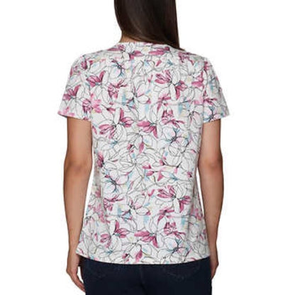 Nicole Miller Women's Printed Rucshed Top, Casual Top, Shirt | White Floral