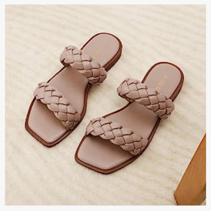 Dream Pairs Women's Square Toe Flat Slide Sandals Cute Slip on Braided Straps Nude Pink