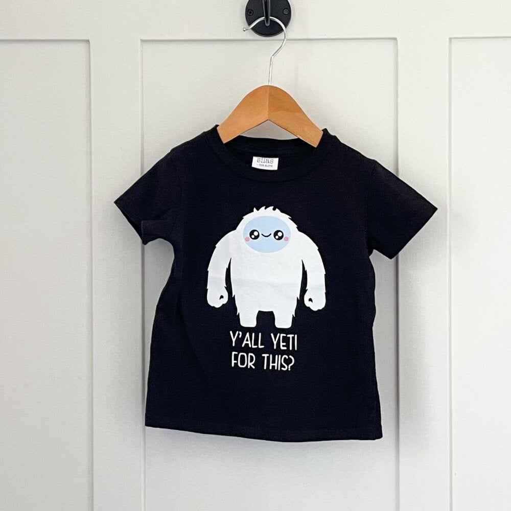 12-18m Cute Kawaii Unisex Black T-Shirt, Yeti, Christmas, Fun Top for Kids