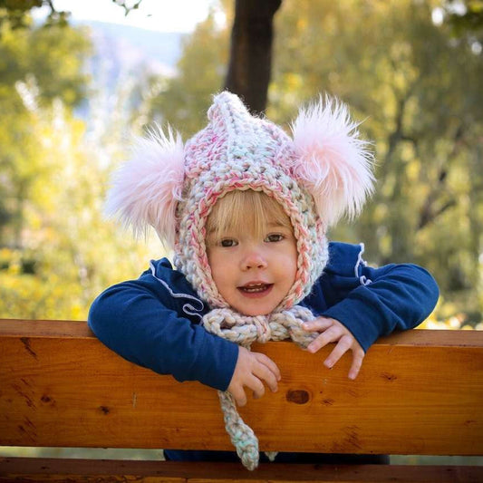 Pom pom Pixie Bonnets | Newborn to Child | Made to Order Soft, luxurious, long pile faux fur fabric by the yard supplier, Calgary, Canada