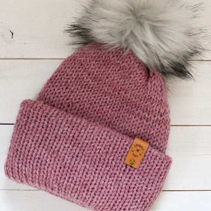Cozy AF | Mauve Double Brim Knit Minimalist Slouchy Hat | Removable Pompom - Buttons & Beans Co.- Buttons & Beans Co.