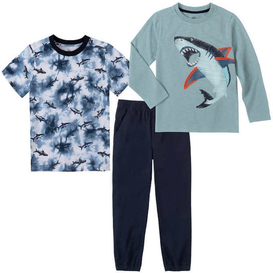 Kids Headquarters Kid's 3-piece Set, Long, Short Sleeve Shark Shirt, Navy Pants - Kids Headquarters- Buttons & Beans Co.