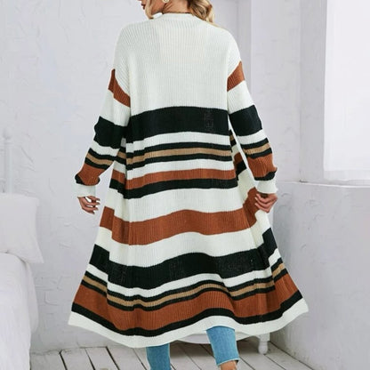 L, LIKE NEW Block Stripe Pattern Drop Shoulder Cardigan | Black, Brown, White Long - SHEIN- Buttons & Beans Co.