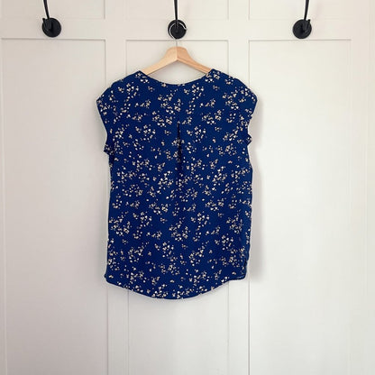 NEW Dalia Women’s Printed Blouse | Blue and White Loose Cap Sleeve Flowy Shirt, nwt - Dalia- Buttons & Beans Co.