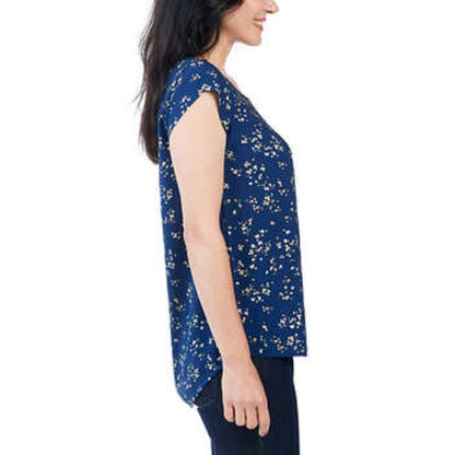 NEW Dalia Women’s Printed Blouse | Blue and White Loose Cap Sleeve Flowy Shirt, nwt - Dalia- Buttons & Beans Co.