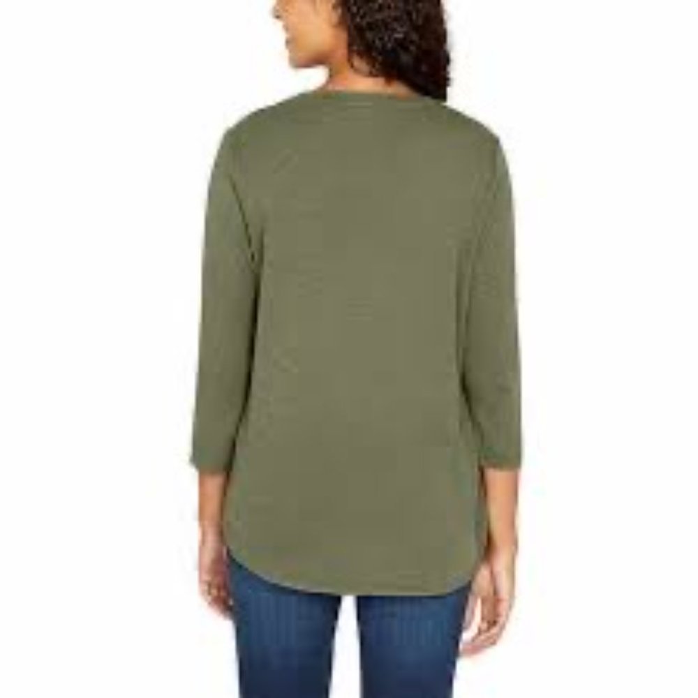 NEW Kirkland Signature Women’s 3/4 Sleeve Slub T-shirt | Army Green Loose Shirt, nwt - Kirkland Signature- Buttons & Beans Co.
