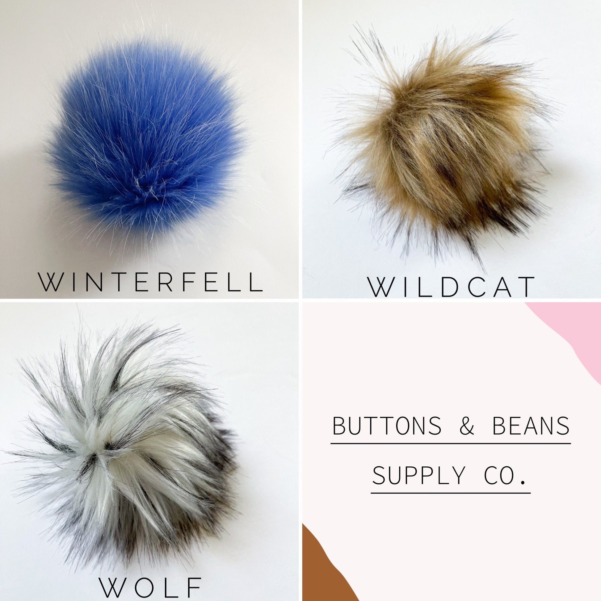 Wildcat Luxury Faux Fur Pompom | Brown, Natural Tie, Button or Snap Pom pom - Buttons & Beans Co.- Buttons & Beans Co.